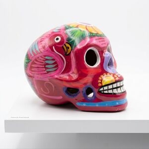 Large Hand Painted Ceramic Sugar Skull Made In Costa Maya, Mexico